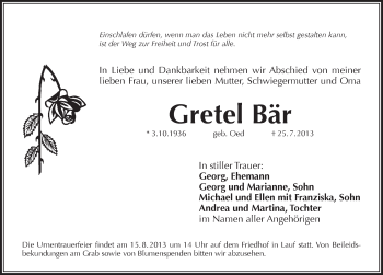 Traueranzeige von Gretl Bär von Pegnitz-Zeitung